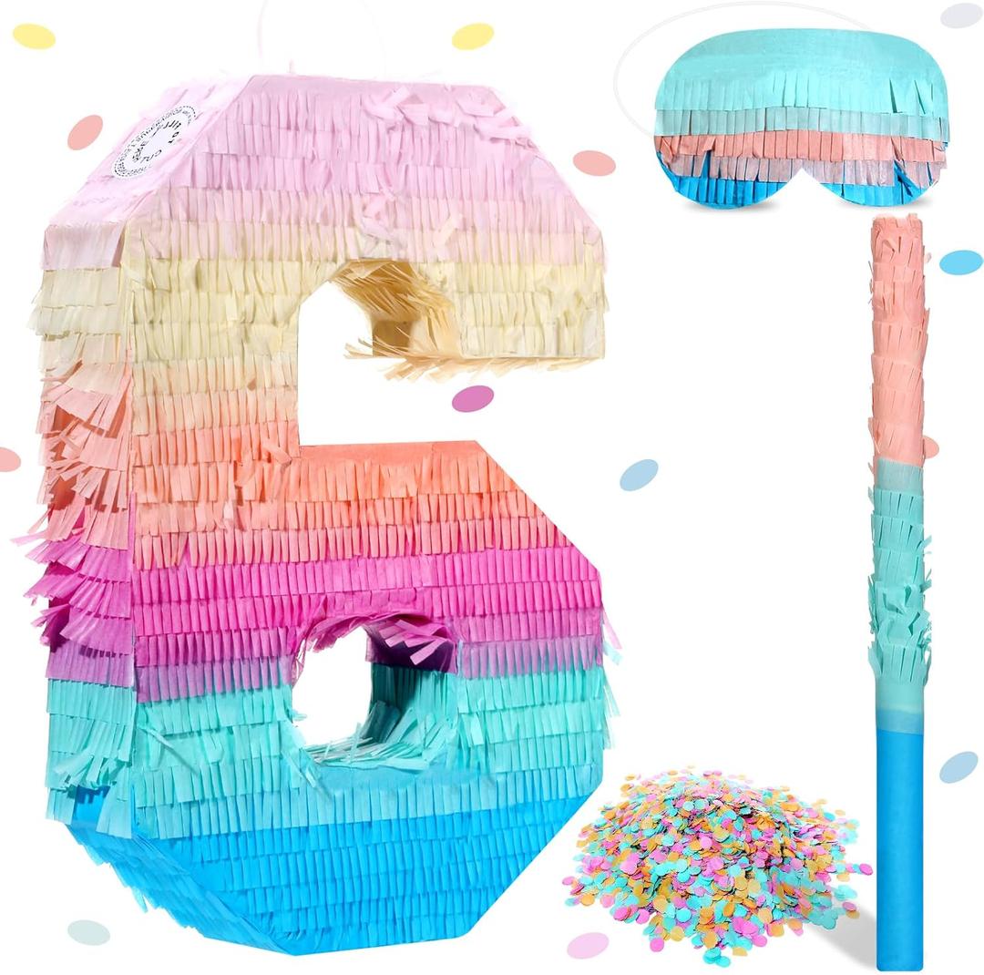 Jenaai 16 Inch Number Piata Kids Birthday Party Macaron Piata with Blindfold Stick and Confetti for Unicorn Birthday Wedding Baby Shower Decor(Number 6)