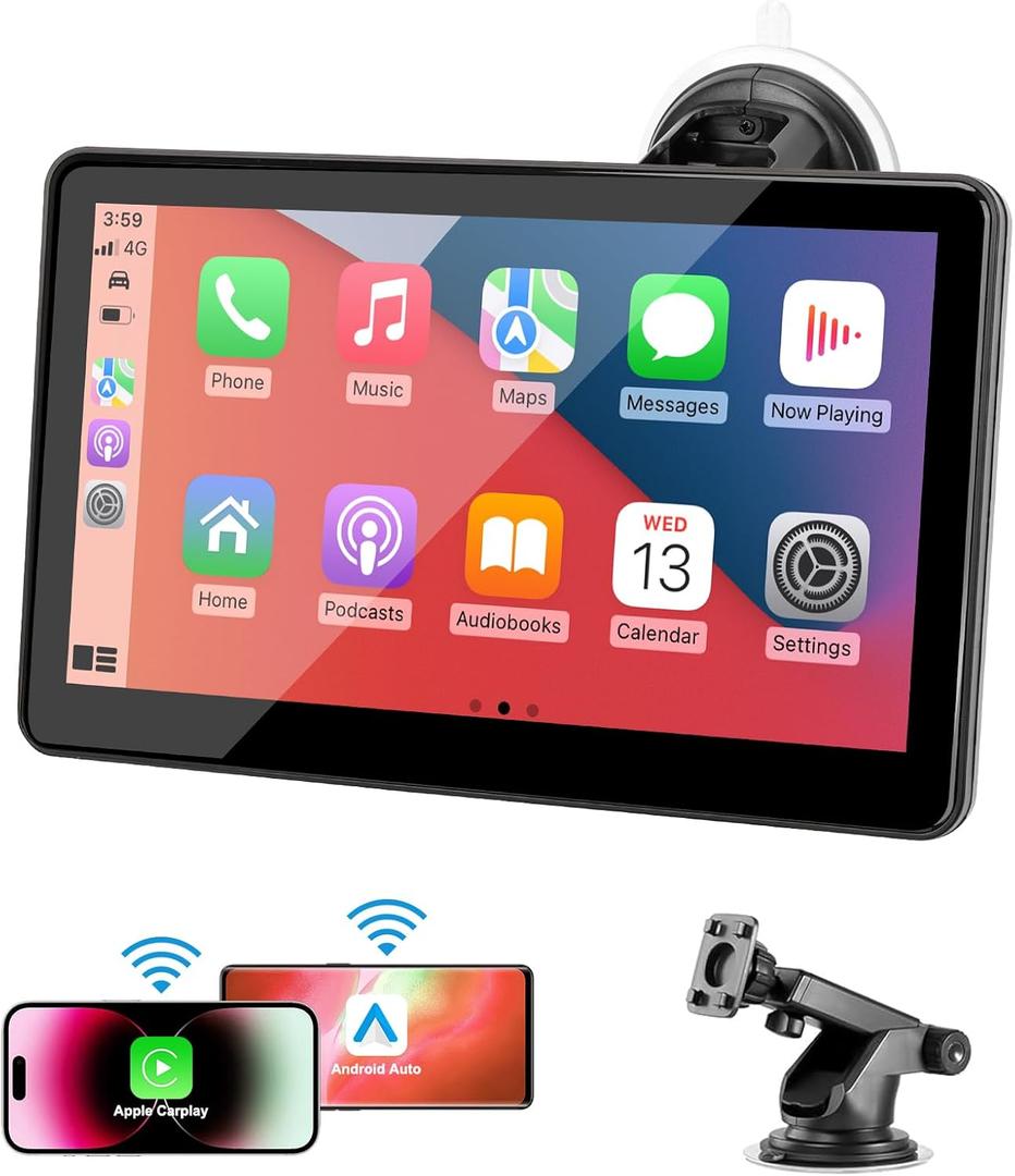 Portable Wireless CarPlay Screen for Car, 7" HD Touch Screen for Car with CarPlay and Android Auto, Pantalla para Carros with Bluetooth/AUX/FM Transmitter/Voice Control/Navigation for All Vehicles