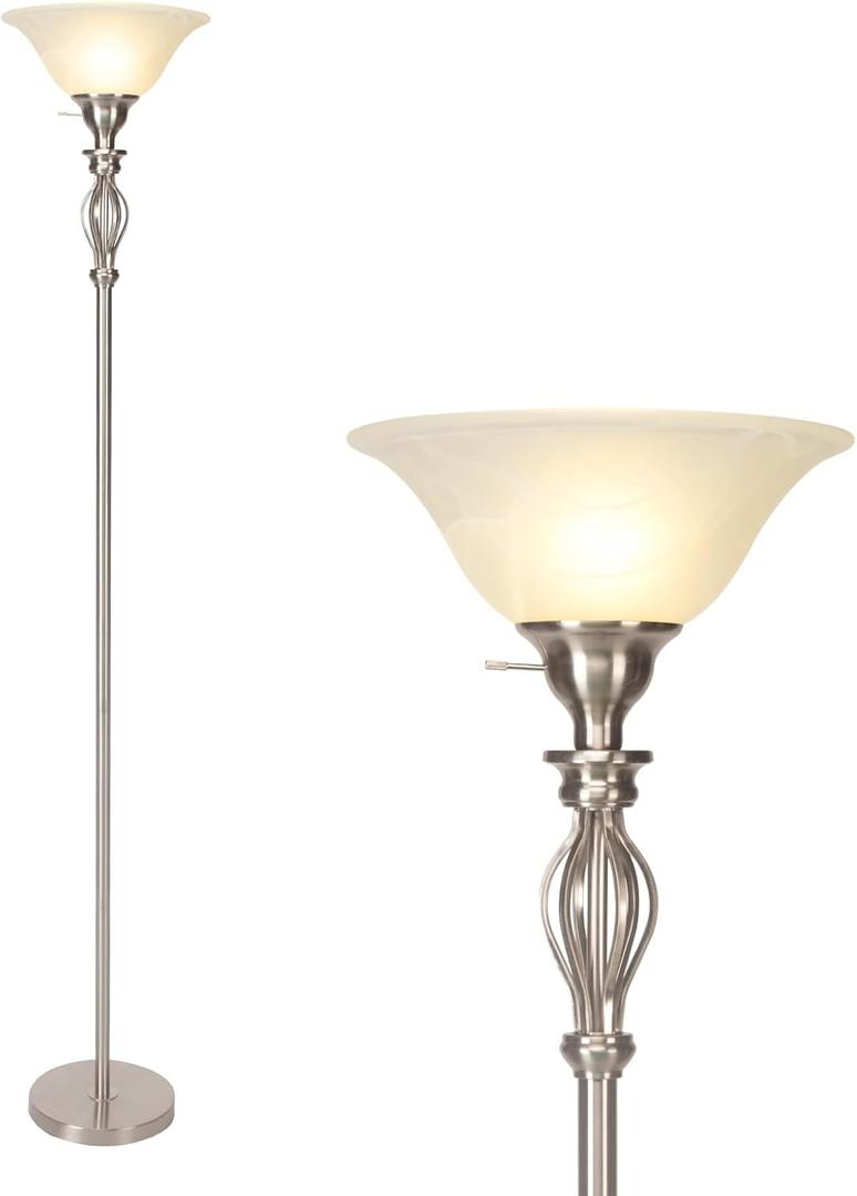 Torchiere Floor Lamps for Living Room & Bedroom  Stand Up Lamp with Corner Floor Lamp Design  Traditional Iron Scroll 70" Tall Alabaster Glass Bowl Shade (Brushed Nickel)