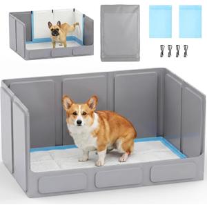 Dog Litter Box with High Walls, Foldable No-Assembly Indoor Dog Potty Tray, Waterproof No-Spill Dog Pee Pad Holder for Small and Medium Dogs, Easy to Clean, Gray (33"x22"x16")