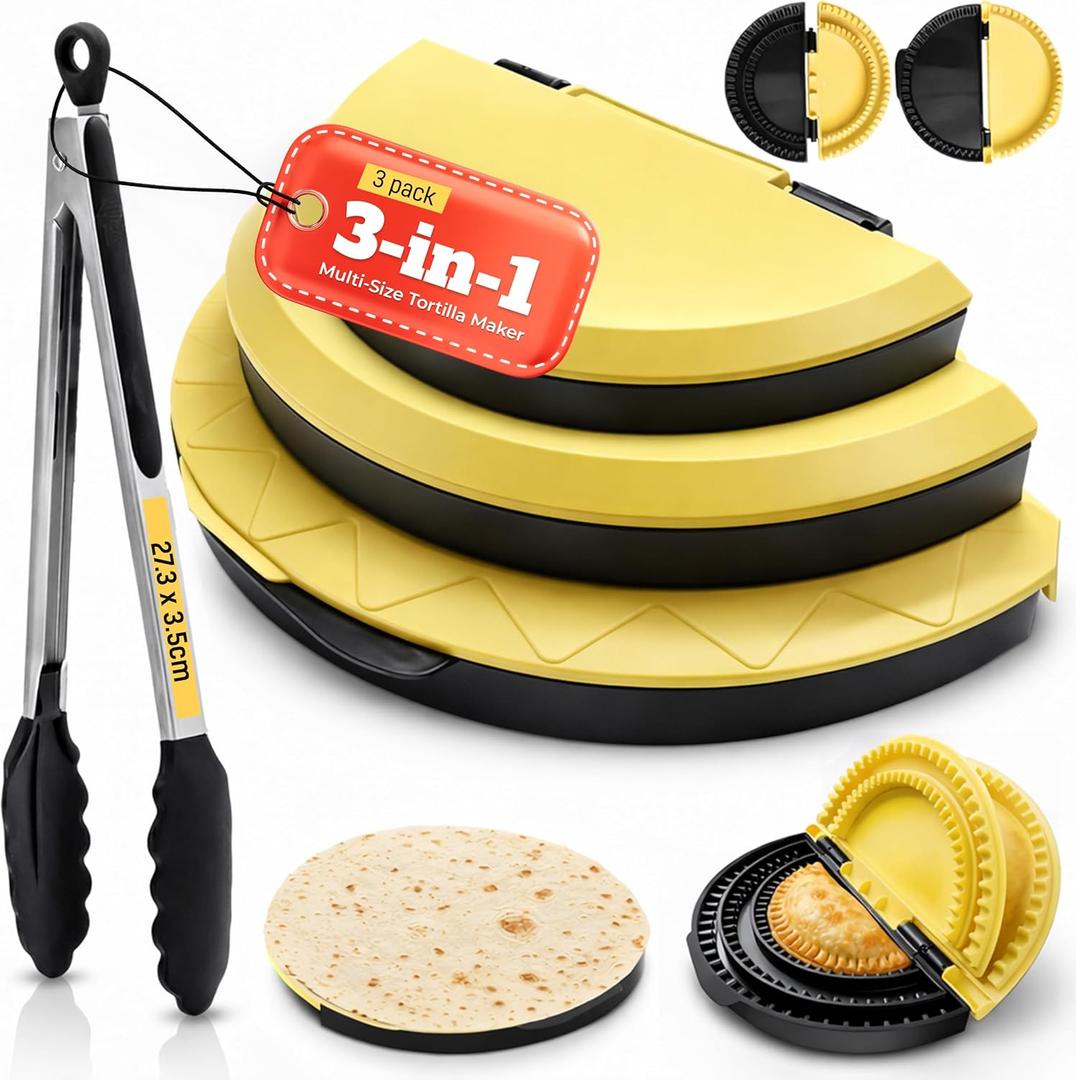 3-in-1 Tortilla Sealer & Crimper with Food Tongs (10, 8 & 6 Inch) | Adjustable Quesadilla Maker Press | Leak-Proof Burrito, Taco & Dumpling Sealer | BPA-Free, Dishwasher Safe