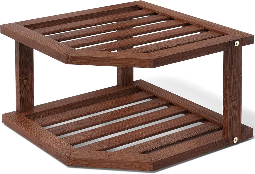 VERTORGAN Bamboo Corner Shelf,2 Tier Plate Organizer for Cabinet and Countertop,Pantry Dish and Spice Rack for KitchenBrown