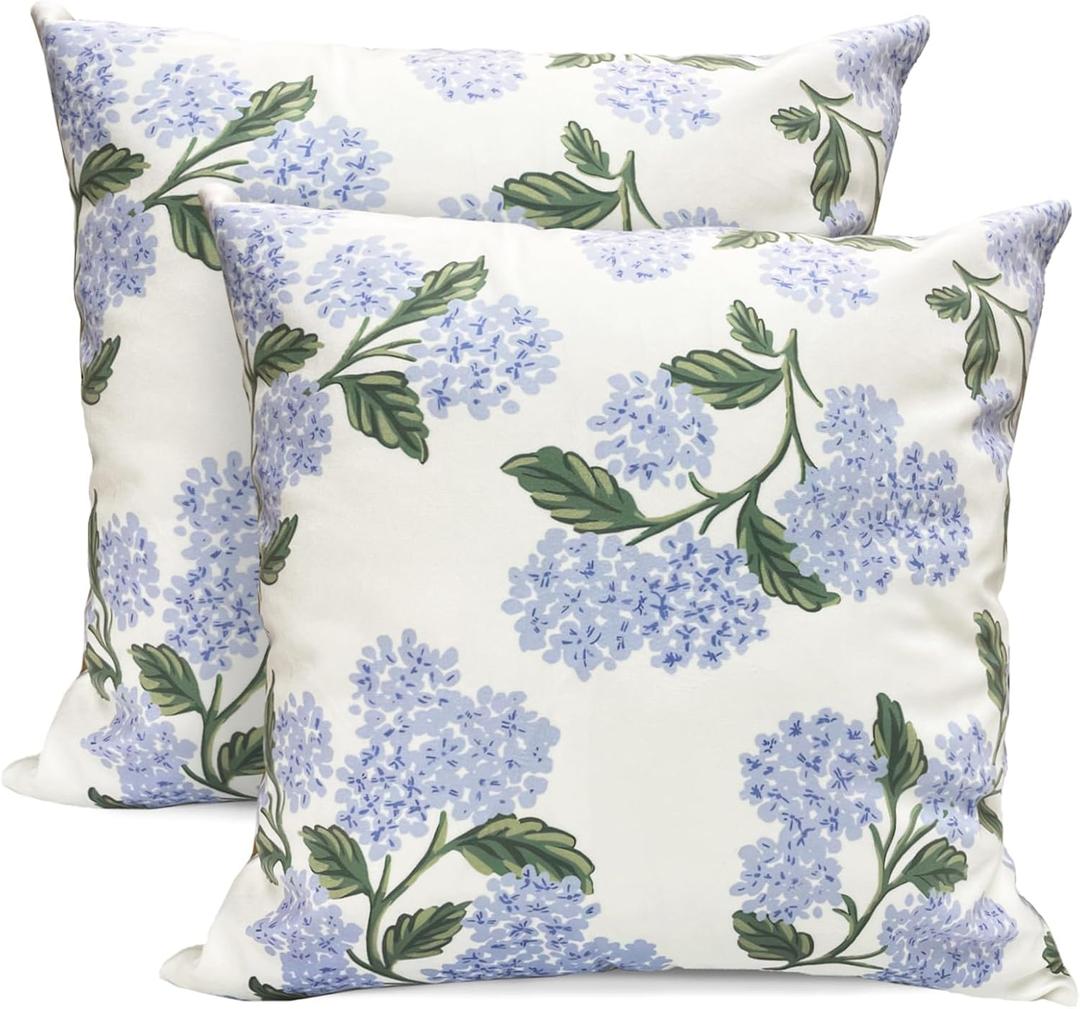 Decorative Throw Pillow Covers 16x16 inch Set of 2, Super Soft White Hydrangea Print Farmhouse Pillow Cases Outdoor Pillow Covers for Couch Sofa Bed Living Room Home Decor Cushion Covers