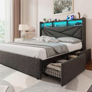 Driftalia Full Size Bed Frame with 4 Drawers, LED Headboard & Charging | Upholstered 2-Tier Headboard, 3 Storage Compartments, USB & Type-C Charge, Max 1000lbs, No Box Spring, Silent, Easy Assembly