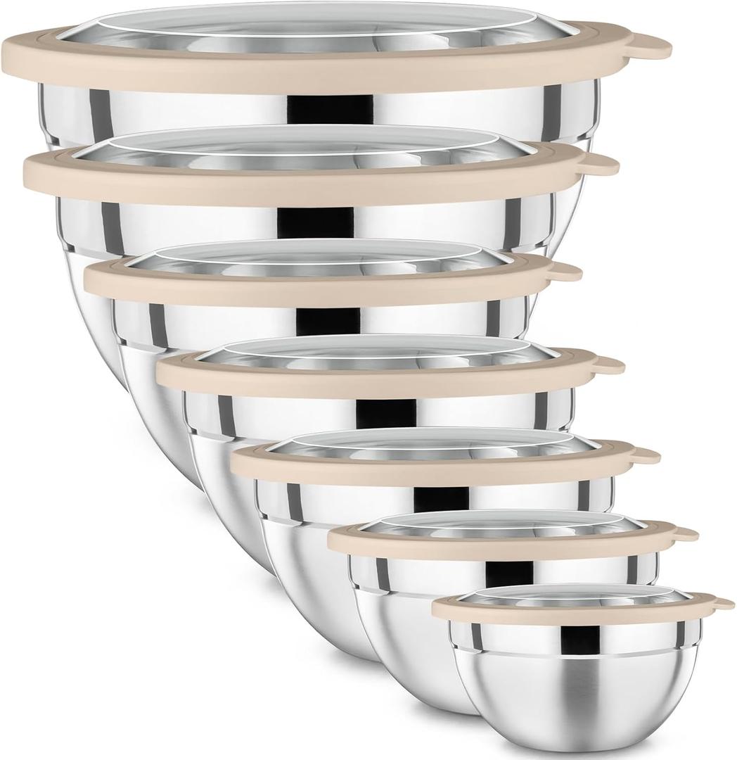 P&P CHEF Mixing Bowl with Lid Set of 7, Stainless Steel Nesting Salad Bowls for Cooking Serving Prepping, Clear Lids & Stackable Design, Size 4.6, 3.5, 3, 2, 1.5, 1, 0.7 Qt - Khaki