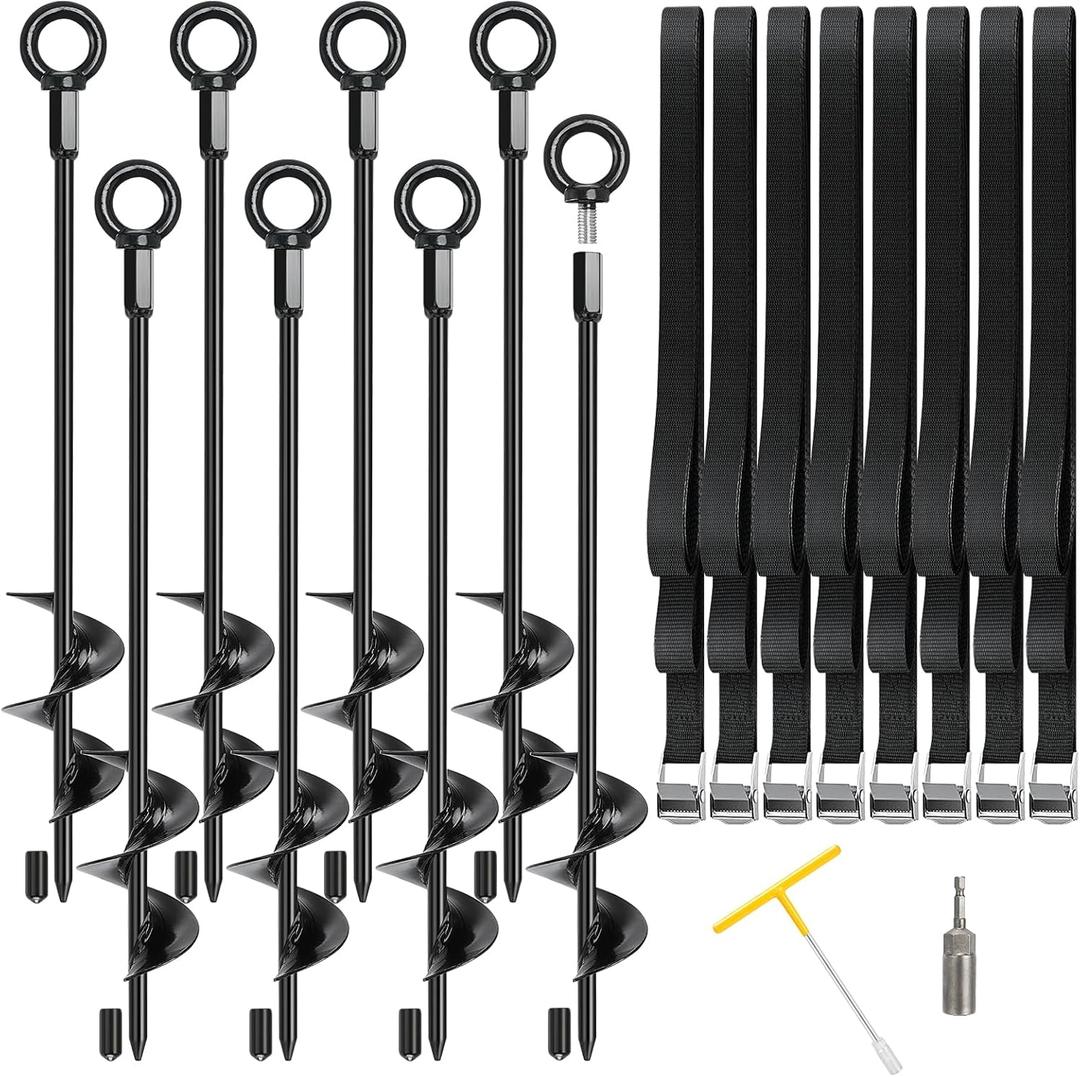 Trampoline Stakes, 4/6/818" Trampoline Anchors High Wind Heavy Duty Kit, Ground Anchors Screw in, Earth Anchor with Adjustable Tie-Down Straps for RV Awning Swing Set Canopy Tent Dog Tie Outs Stakes