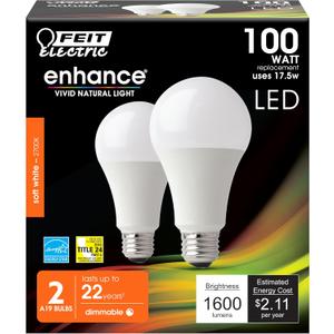 Feit Electric A19 LED Light Bulb, 100W Equivalent, Dimmable, E26 Base, CRI 90, 1600 Lumens, 2700K Soft White, General Purpose Light Bulb, 22-Year Lifetime, OM100DM/927CA/2, 2 Pack
