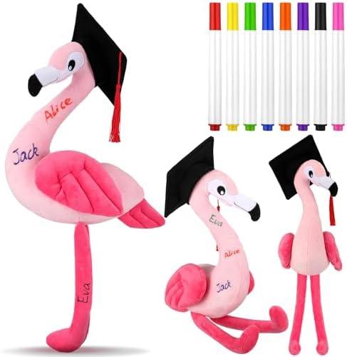 Blueweenly 12 Inch Graduation Autograph Stuffed Animal Flamingo Plush with Graduation Cap Smooth Fabric Congrats Grad Stuffed Flamingo with 8 Colored Marking Pens for Graduate Student Party Supply