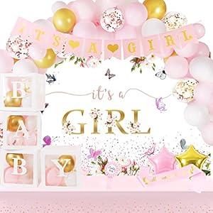 Baby Shower Decorations for Boy, Blue Baby Party Decor Kit with Balloons Boxes, Blue Balloon Garland Backdrop Banner and Tablecloth and Baby Shower Sash, Baby Boy Shower Decorations