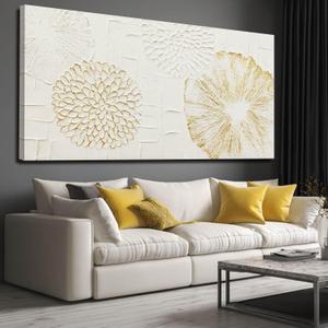 VAYIMDH White Wall Art Floral Paintings Hand Drawn Wall Decor Gold Arts Pictures 29"x58" Artwork for Living Room Dinning Room