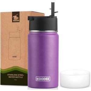 koodee Small Water Bottle for Girls -12 oz Stainless Steel Double Wall Vacuum Insulated Water Bottle for Kids School- Wide Mouth Sports Flask with Leak Proof Straw Lid (Purple)