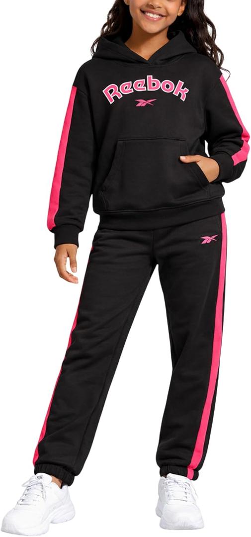 Reebok Girls Jogger Set - 2 Piece Matching Sweat Set with Pullover Hoodies and Athletic Joggers for Girls, Size 10, Black