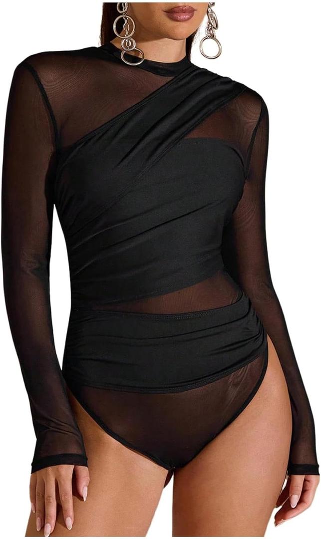 SweatyRocks Women's Sheer Mesh Bodysuit Ruched Mock Neck Long Sleeve Fitted Leotard, Medium