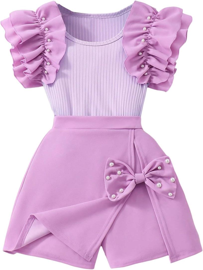 Girl's 2 Piece Outfits Cute Pearl Ribbed Knit Ruffle Short Sleeve T Shirt and Wrap Skorts Set (Purple)