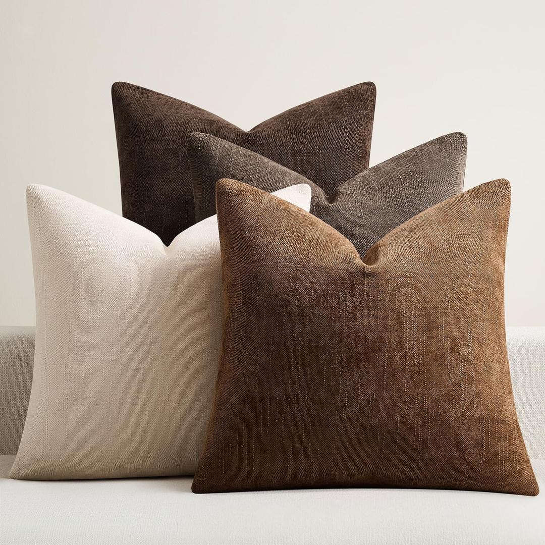 Pack of 4 Throw Pillow Covers 18x18 Inch Chenille Textured Neutral Brown Soft Pillow Covers Solid Decorative Farmhouse Cushion Covers Home Boho Western Decor for Couch Sofa Bed Living Room
