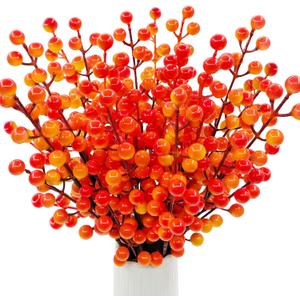 16.5 inch Artificial Fall Berry Stems Branches, 8 Pcs Faux Orange Holly Berry Fall Picks Floral Arrangements for Autumn Thanksgiving Home Table Vase Centerpiece DIY Decorations