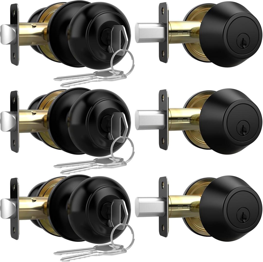 AEEKEL Exterior Door Knob with Lock and Key, 3 Pack Keyed Alike Entry Door Knob for Front Door Lock Set, Matte Black Exterior Door Knob and Single Cylinder Deadbolt Set