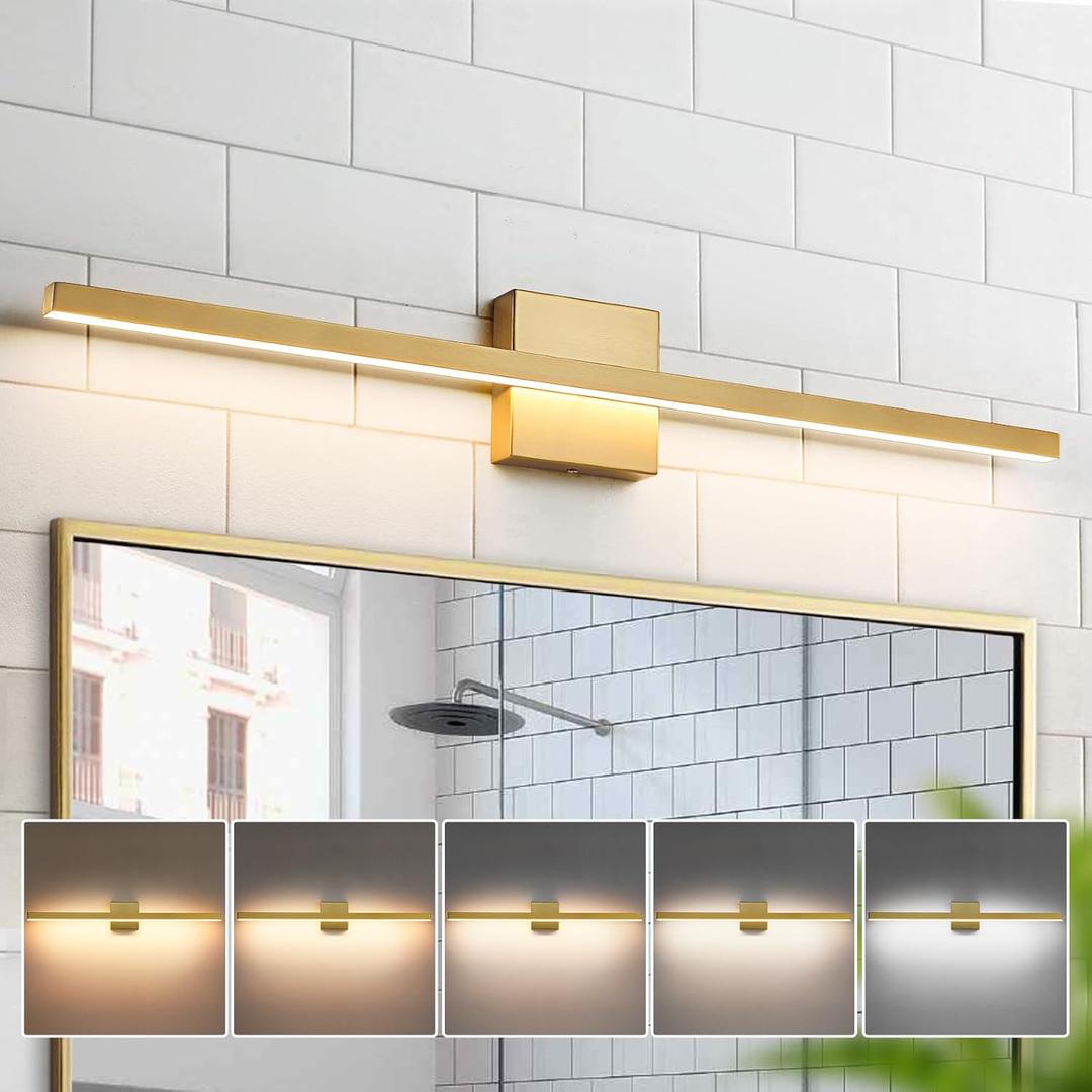 Gold Vanity Lights for Bathroom - 31.5 inch Brushed Gold Bathroom Light Fixtures Over Mirror 22W LED Dimmable Wall Sconce Lighting Fixture 5CCT Vanity Light Bar for Bathroom Bedroom, Gold 