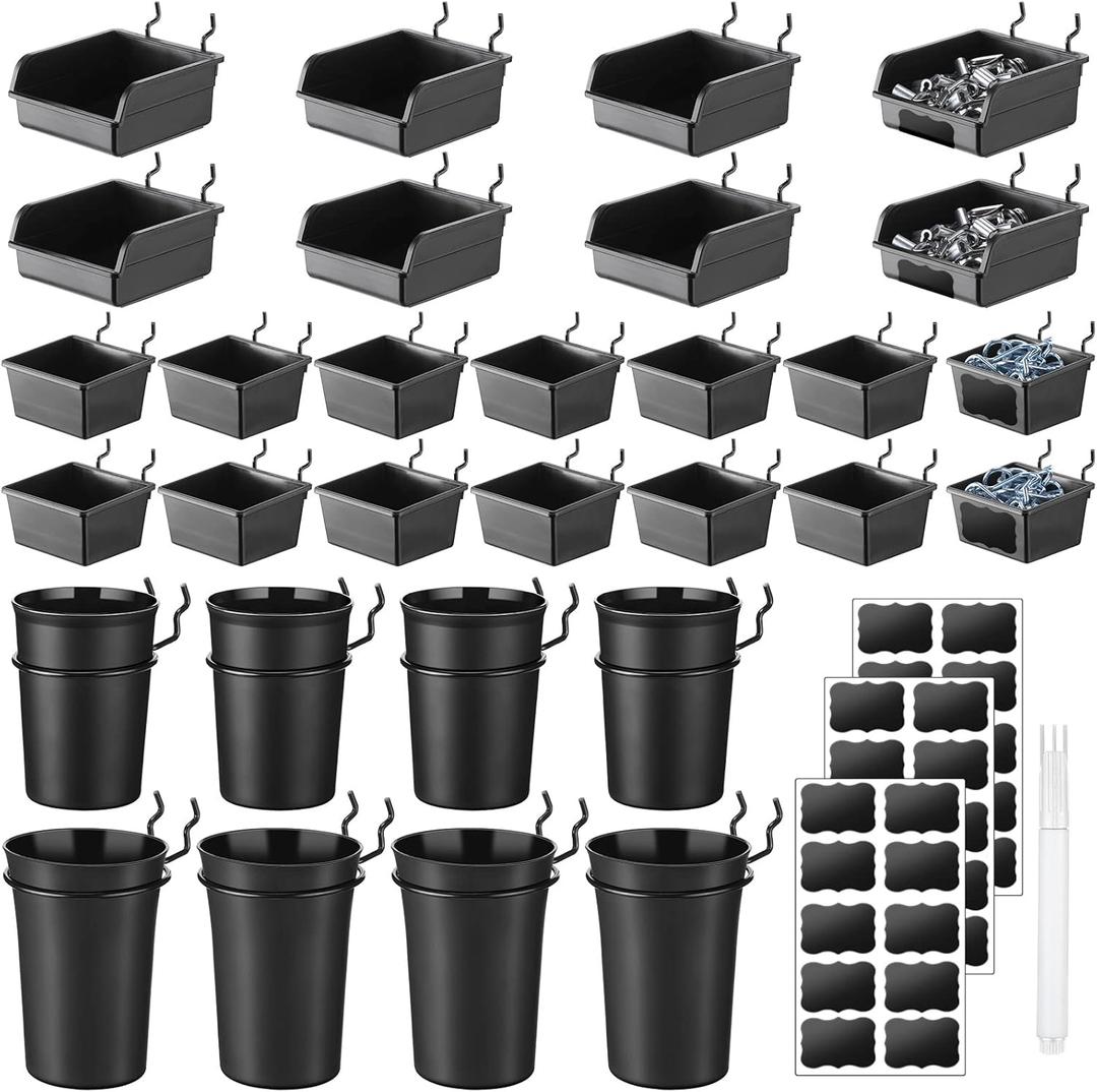 Sieral 64 Pieces Pegboard Bins Pegboard Cups with Hooks and Loops Peg Hooks Assortment Organizer Accessory for Organizing Accessories Tools Storage Office Workshop Garage Workbench (Black)