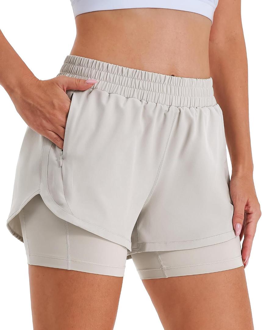 Stelle Women 2 in 1 Running Shorts High Waisted Athletic Shorts Gym Workout Shorts with Liner Zipper Pockets (Beige, XXL)