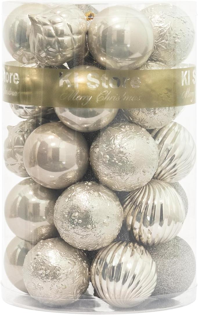 KI Store Autumnal Christmas Balls 34pcs 2.36-Inch Christmas Tree Decoration Ornaments for Xmas Tree Holiday Wreath Garland Decor Ornaments Hooks Included (2.36-Inch, Silver)