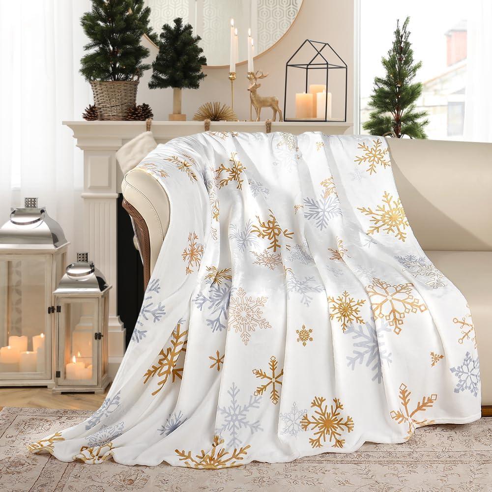 Christmas Throw Blanket Christmas Snowflake Blanket Ultra Soft Flannel Fleece Blankets Winter Plush Fuzzy Warm Bed Blankets Xmas Holiday Decor for Couch Bed 60" X 80" (Golden Grey Snowflakes)