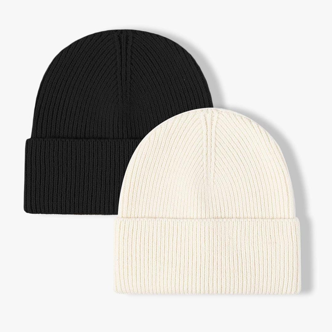 ZOORON 1&2 Unisex Thick Knitted Beanie for Men Women Cuffed Plain Hat Winter Slouchy Ski Beanies (Black/Milk White)