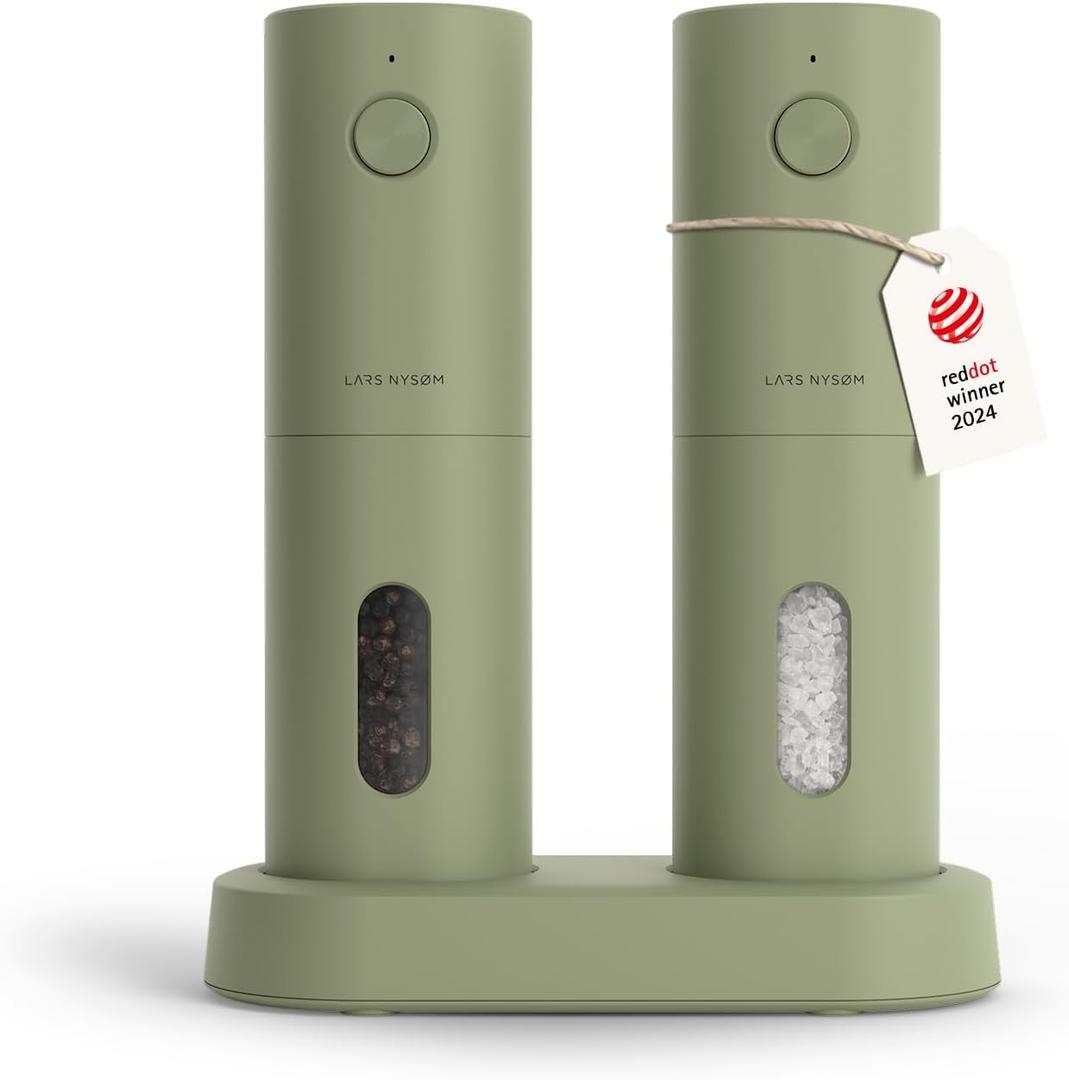 LARS NYSØM Electric Salt and Pepper Grinder Set, USB Rechargeable, Automatic Salt and Pepper Mills, Spice Shakers Refillable with LED Light, Adjustable Coarseness, Ceramic Grinder (Sage Green)