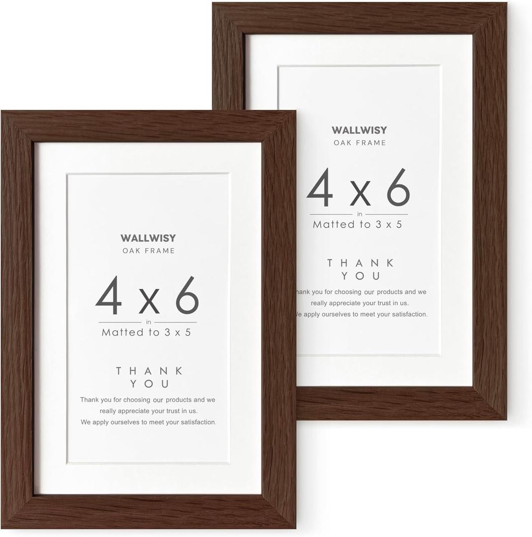 4x6 Picture Frame, Solid Oak Wood 4x6 Picture Frames with Mat to 3x5(Openning Size is 2.75x4.75), Natural Oak 6x4 Frame, (Walnut Set of 2)
