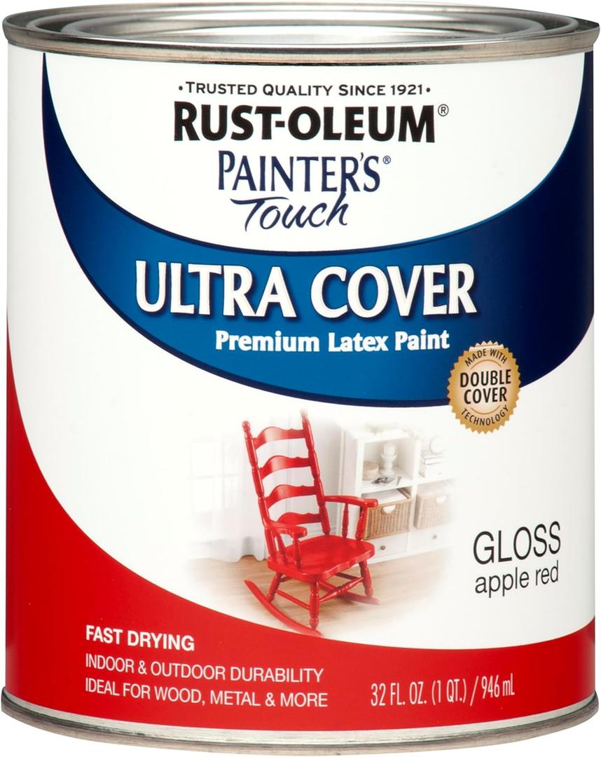 Rust-Oleum 1966502 Painter's Touch Brush Acrylic Latex Paint, 1 Quarts (Pack of 1), Gloss Apple Red, 32.0 Fl Oz