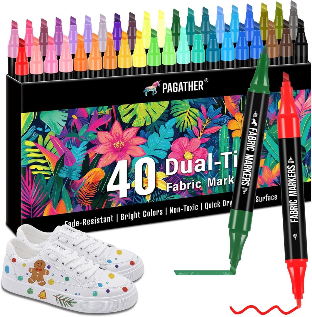 Fabric Markers Permanent for Clothes, 40 Colors Dual Tip with Fine and Chisel Tips Paint Pens for Clothing Canvas Tote Bags T-Shirt and Shoes, Non Toxic Ink for Kids and Adults