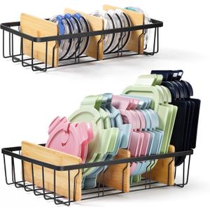 2-Pack Adjustable Lid Organizers - Large Kitchen Cabinet Organizer for Food Storage Container and Tumbler Cup Lids with 6 Bamboo Dividers - Organizers in Kitchen/Pantry/Laundry Room(Size:S+L)