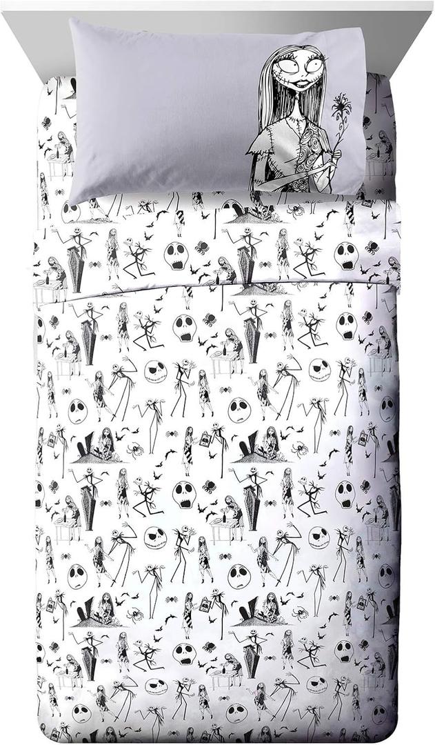 Jay Franco Kids Sheet Set with Fitted, Flat Sheets & Pillow Cover - Ultra-Soft Bedding with Pillowcase for Room Decor, White - Nightmare Before Christmas, 4 Piece Queen