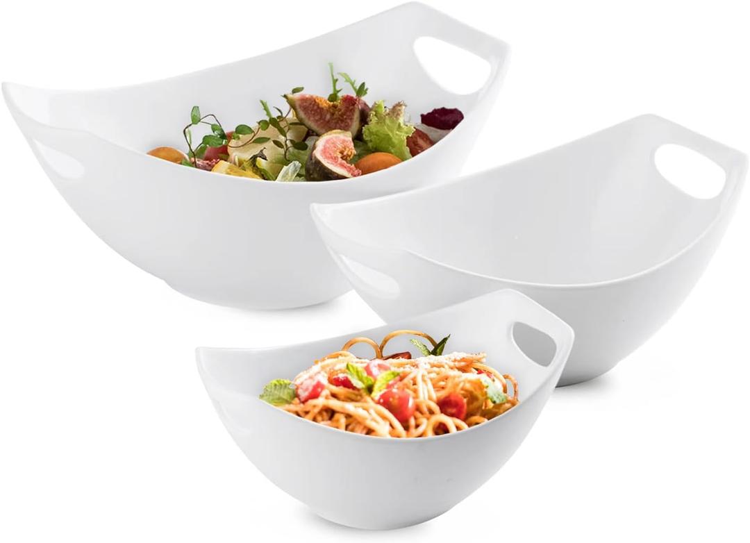 LAUCHUH Serving Bowls with Handles, Porcelain Serving Dishes White Nesting Bowls Mixing Bowl Set Salad Bowls for Entertaining, Party, Thanksgiving, Christmas, Baby Shower, Set of 3, 15/28/49 oz