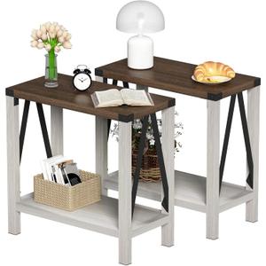 ChooChoo Farmhouse End Table Set of 2, Narrow Side End Table with Storage Shelf, Rustic A-Design Nightstand Sofa Table for Living Room, Bedroom(White&Brown)