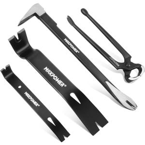 MAXPOWER 4-Pieces Pry Bar Set, 12-inch Utility Claw Pry Bar, 8-inch Nail Puller, 10-inch and 7-inch Flat Pry Bar Crowbar Claw