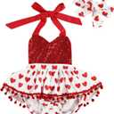 Newborn Baby Girl Valentine's + Day Outfit Flutter Sleeve Heart Print Tutu Romper Dress Headband 2Pcs Clothes Set (12-18 Months, Red White)