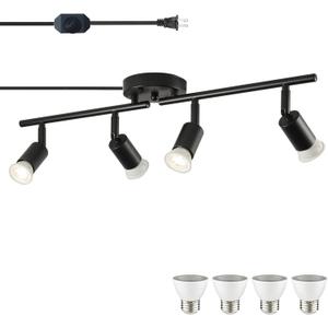 Dimmable Plug in Track Light Black 4 Light Plug in Ceiling Lighting Fixture with 16.4' Long Cord,4 Way Ceiling Spotlight,Rotatable Wall Mount Light Head,LED dimmable Spot Bulbs Included