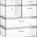 Stackable Storage Drawers, 6 Pack Clear Acrylic Organizer Bins with Golden Handles, Multi-Size Plastic Drawers for Makeup, Vanity, Kitchen, Bathroom, Office, Under Sink & Cabinet Organizatio