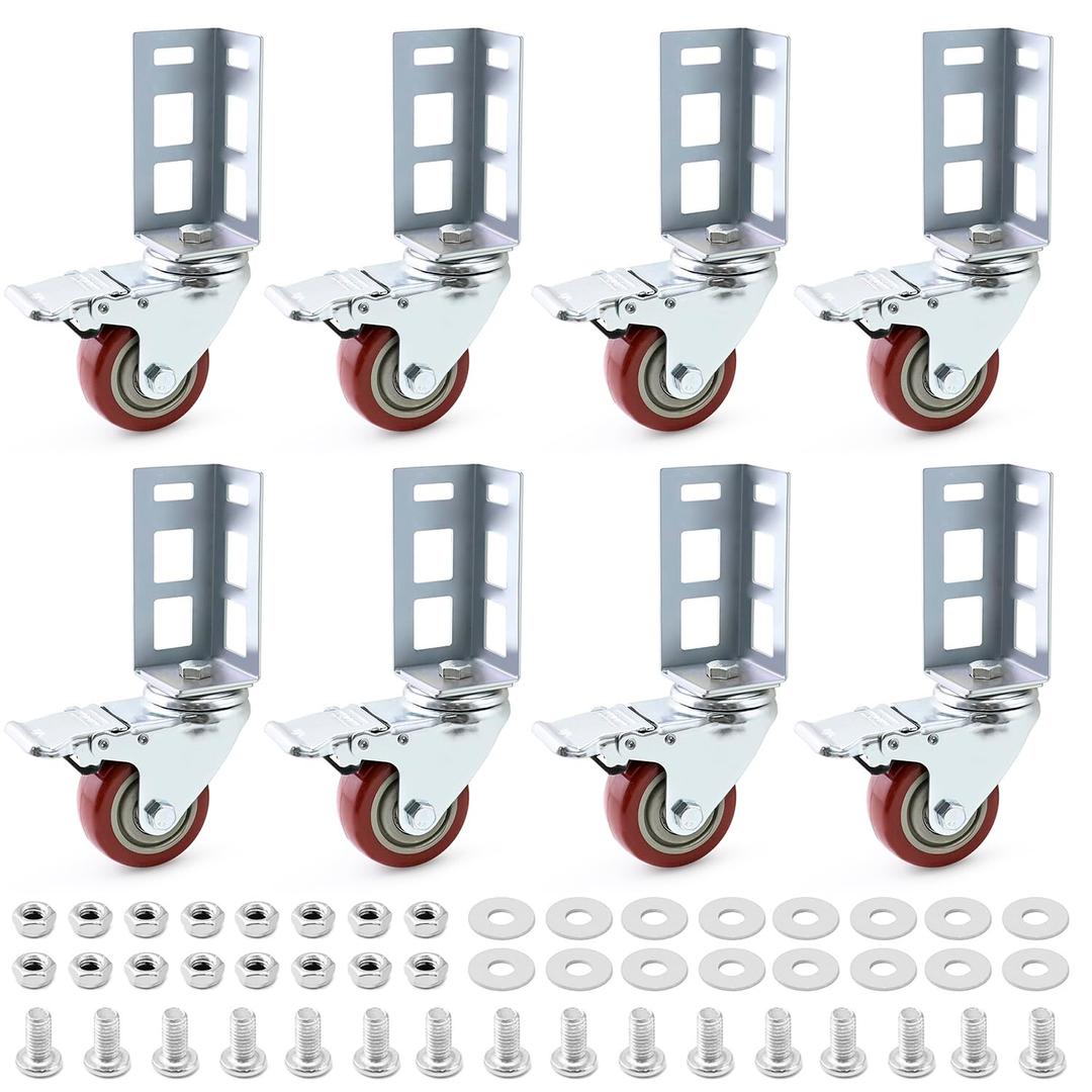 QWORK 3" Boltless Rack Caster Wheels, 8 Pack Storage Shelf Accessories, Heavy Load 1000 lb Capacity for Garage, Warehouse & Workshop Shelving, 8-11/16" Total Height, 2-1/16" Side Length