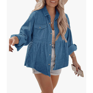 Tutorutor Womens Corduroy Shirts Casual Long Sleeve Button Down Blouses Tunic Babydoll Dress Loose Pocket Jacket Shackets (No size)