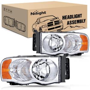 Nilight 2002 2003 2004 2005 Ram 1500 2500 3500 Headlight Assembly Chrome Housing Amber Corner Clear Lens Headlamp Replacement Driver and Passenger Side (Pack of 2)