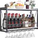 Dokser Wine Rack Wall Mounted Shelf - 2 Tier, Rustic Wood & Industrial Iron Frame Wine Bottle Holder for Kitchen, Dining Room, Home Bar Decor (White) (Long)