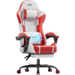 HLDIRECT High Back Gaming Chair, USB Massage Lumbar Support, White&Red, 21.7 inches x 20.9 inches x 51.2 inches
