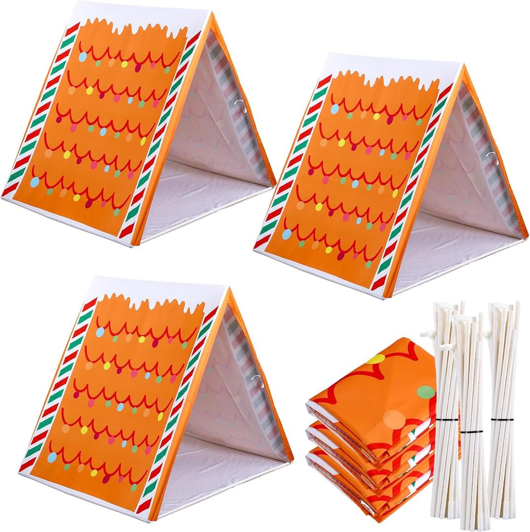 3 Pcs Christmas Sleepover Tent 45" x 33" Christmas Gingerbread House Brown Play Tent for Home Indoor Xmas Holiday Party