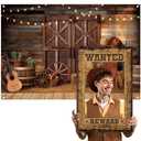 Motipuns Western Party Decorations Wanted Poster Frame Wild West Backdrop Cowboy Photo Booth Set 7 x 5 ft Rustic Barn Door Vintage Background for Birthday Rodeo Party