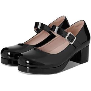 femflame Women's Low Chunky Heel Mary Jane Pumps Ankle Buckle Strap Sweet Round Toe Dress Shoes JK Cosplay Uniform Dress Shoes 8, Black 