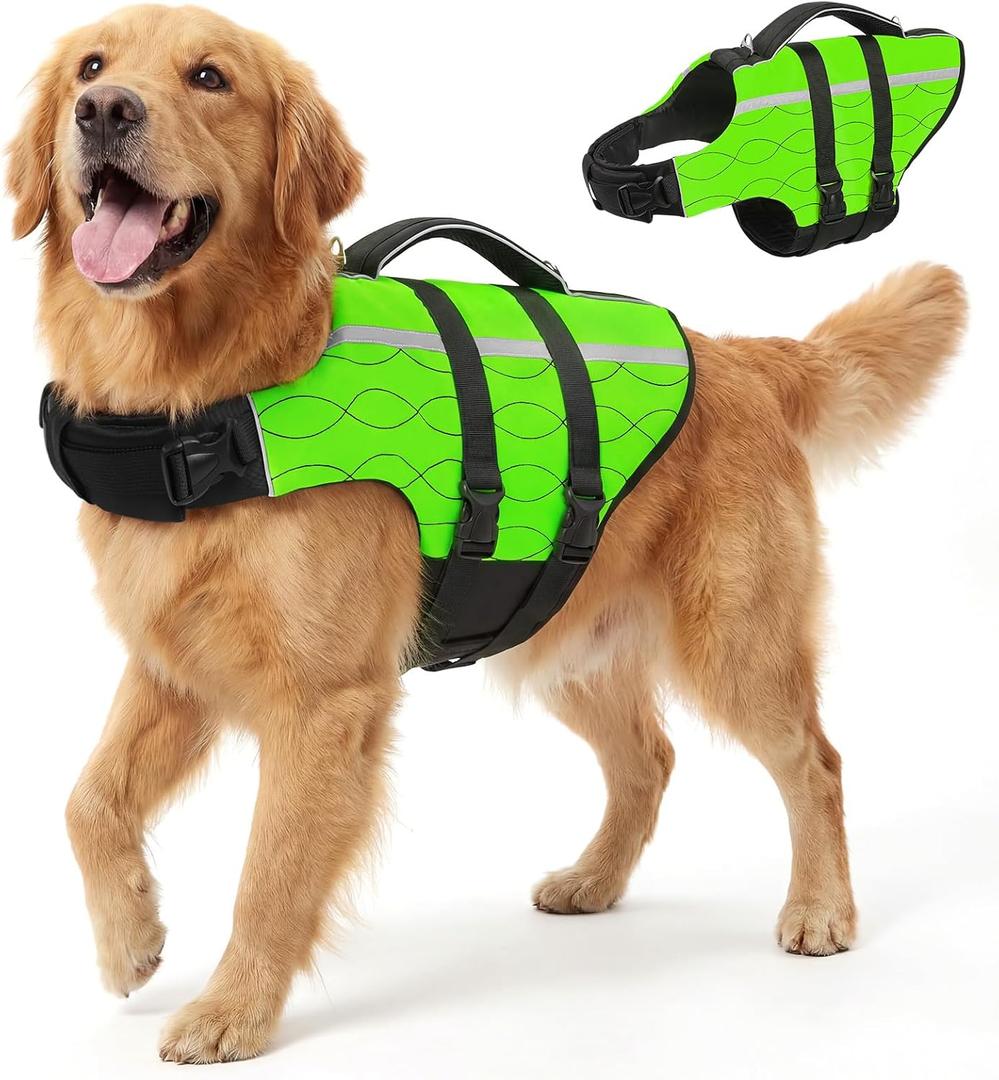 Queenmore Extra Large Dog Life Jacket for Swimming Boating,Adjustable Ripstop Dog Life Vest for Large Dogs,Dogs Lifesaver with Rescue Handle,Pet Swimming Vest for Big Pets(Green,XL)