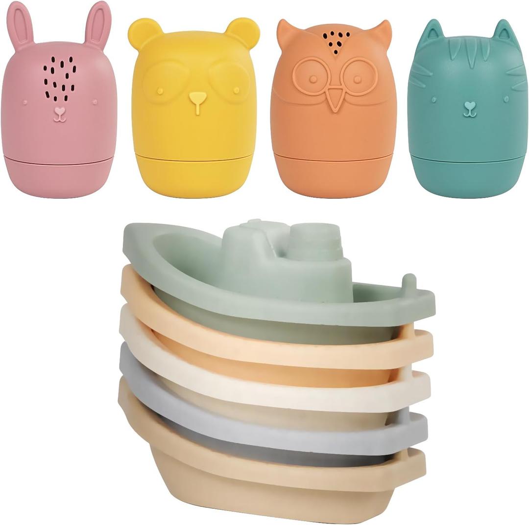 Baby Bath Toys Stackable Boats with Soft Silicone Squirt Water Animal Toys, 9 Pcs Floating Stacking Boat Bathtub Shower Pool Beach Toys for Toddler Kids 1-3