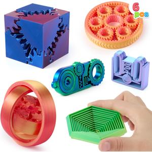 JOYIN 6PCS 3D Printed Fidget Toys, Spin Fractal Click Gear Fidget Toy, Metallic Color 3D Printed Fidget Toy for Favors ADHD, Autism, Kids & Adults, Party Favors, Desktop Deco Gift